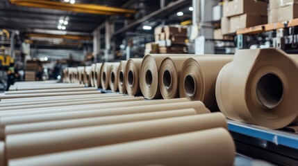 A warehouse filled with neatly arranged rolls of brown paper on a production line, highlighting industrial materials for packaging or printing.