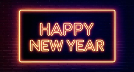 happy new year word lettering glowing with neon light on dark brick wall background