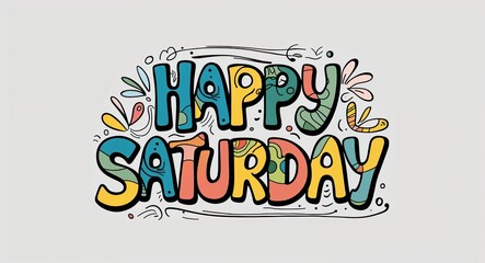 Fototapeta premium happy Saturday word lettering with groovy doodles drawing design on plain white background