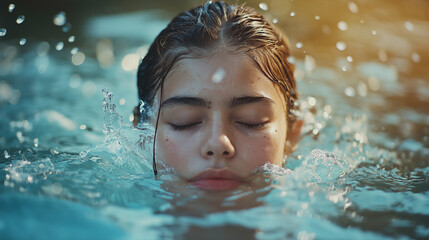 portrait of a girl in the pool, splashing water on face