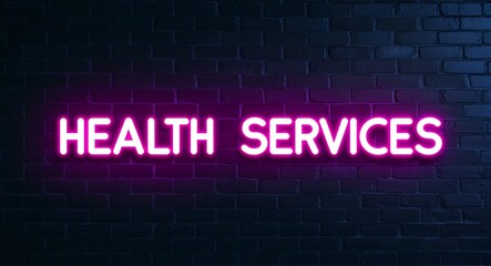 Health Services word lettering glowing with neon light on dark brick wall background