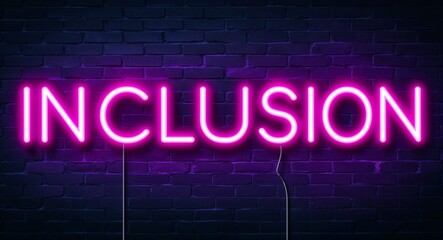 Obraz premium inclusion word lettering glowing with neon light on dark brick wall background
