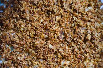Fried red onions as an abstract background