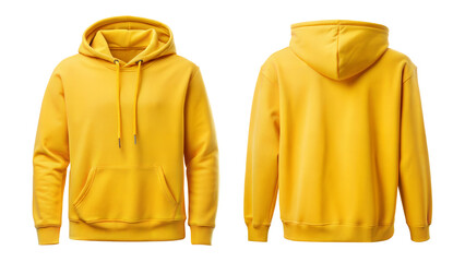 A vibrant yellow hoodie showcasing a front and back view, perfect for casual wear and stylish layering options.