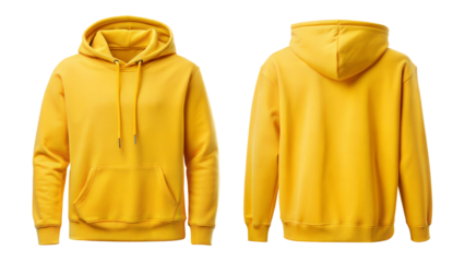 A vibrant yellow hoodie showcasing a front and back view, perfect for casual wear and stylish layering options.