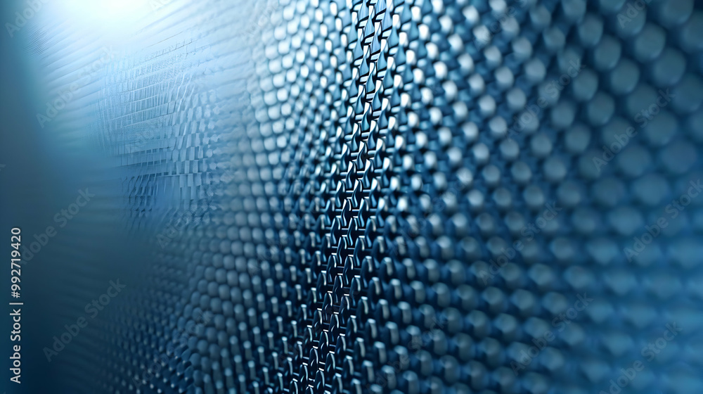 Poster abstract blue metal mesh background with a pattern of interconnected circles, a macro perspective cl