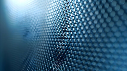 Abstract Blue Metal Mesh Background with a Pattern of Interconnected Circles, a Macro Perspective Close-Up