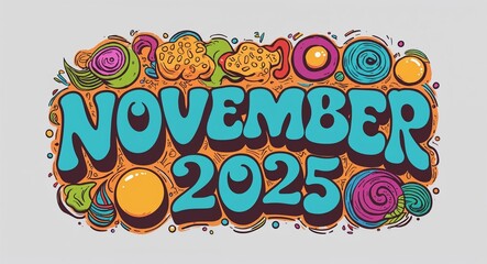 november 2025 word lettering with groovy doodles drawing design on plain white background