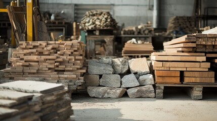 A collection of various building materials, including wooden planks, logs, and stones, neatly stacked on pallets in a storage area.