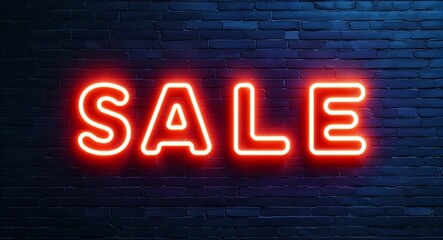 Obraz premium sale word lettering glowing with neon light on dark brick wall background