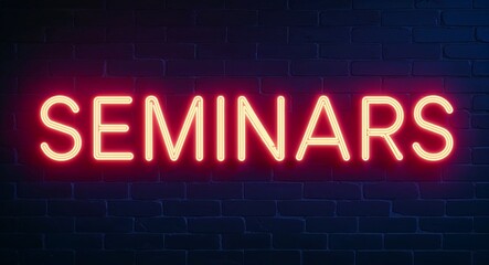 Obraz premium seminars word lettering glowing with neon light on dark brick wall background