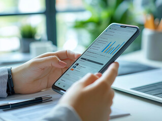 A detailed view of a person using a smartphone to scroll through business analytics, showing colorful charts and data insights