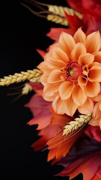A striking autumn bouquet featuring an orange dahlia and wheat ears against a dark background, showcasing vibrant fall colors and textures