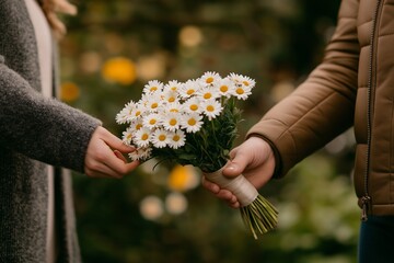 A close-up of two people exchanging a bouquet of daisies in a garden setting, with one hand reaching to take the flowers and the other hand offering them, symbolizing kindness and connection