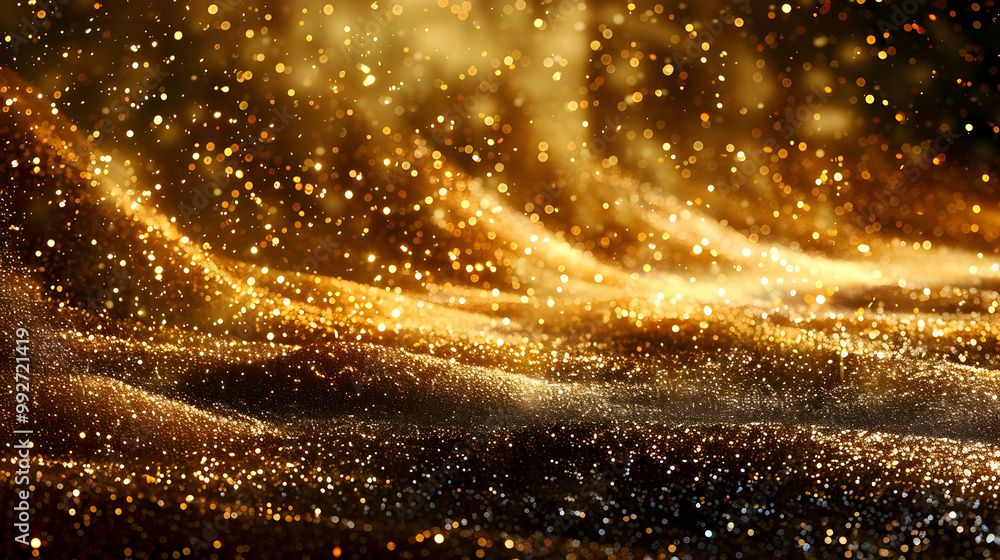 Poster abstract golden glitter background with shimmering bokeh lights and wavy texture