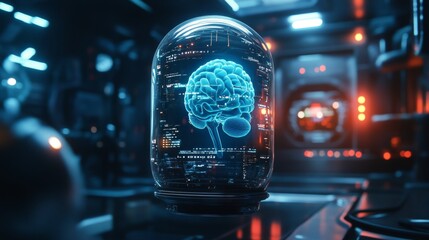 Obraz premium Medical capsule glowing softly, floating anatomy hologram in neon blue, futuristic medicine breakthrough, reflective tech environment, minimalist sci-fi aesthetic