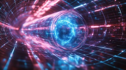 Obraz premium Nebula swirling inside a clear capsule, floating over a high-tech holographic grid, sci-fi tech meets mystic energy, neon blue glow