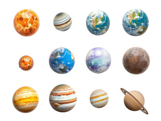 set of planets from the solar system, isolated against a transparent background