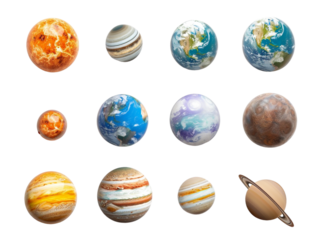 set of planets from the solar system, isolated against a transparent background