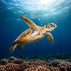 Fototapeta premium Hawksbill Sea Turtle flowing into transparent water ocean