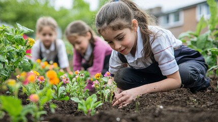 A girl is planting flowers in a garden