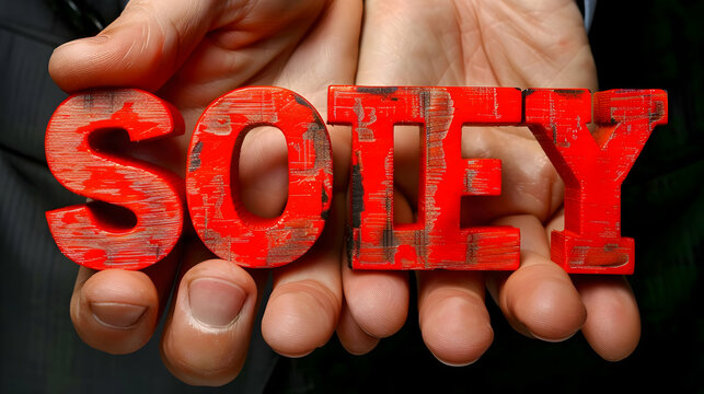 Close-up of Hands Holding Red Wooden Letters Spelling Out the Word SOLEY