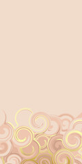 Pastel neutral fluid swirl vertical background with golden elements to create a trendy cover. Beige texture for web design.