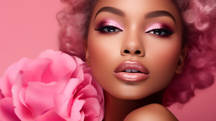 Naklejka premium Beautiful young black woman with flowers and petals on her face. Beauty parlor vertical banner concept, copyspace Pink background. 