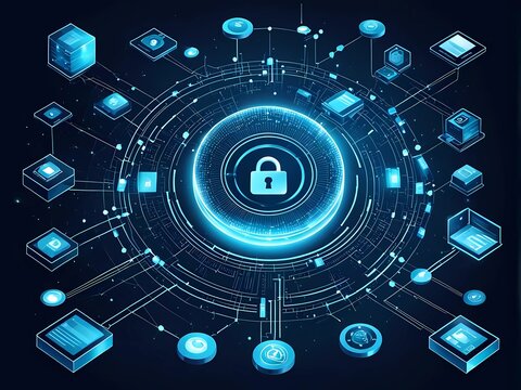 Protecting Data with Padlock Encryption: Cybersecurity and Security Scanning on a Blue Digital Background