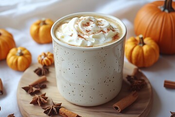 A warm pumpkin spice latte topped with whipped cream and cinnamon in a ceramic cup, surrounded by mini pumpkins, cinnamon sticks, and star anise, creating a cozy fall vibe