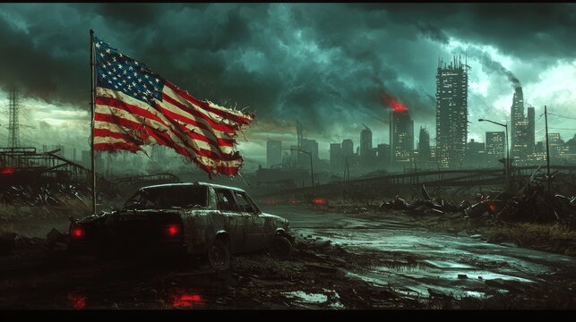 Gritty post-apocalyptic wasteland with a tattered American flag draped over a wrecked vehicle, dark clouds rolling in the sky