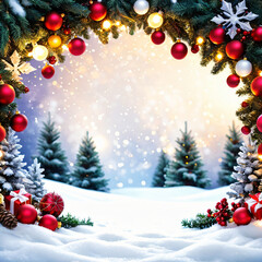 christmas background with christmas tree and frame and presents with white copy space 