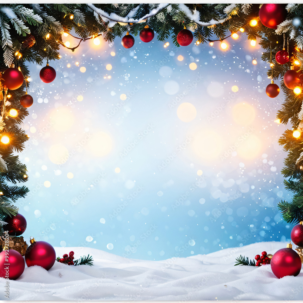Wall mural christmas background with christmas tree and frame and presents with white copy space