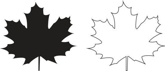 Maple leaf silhouette and outline vector icon set on white background
