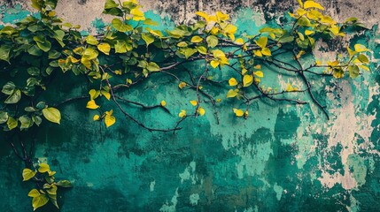 Nature-inspired graffiti wall with abstract tree branches, leaves