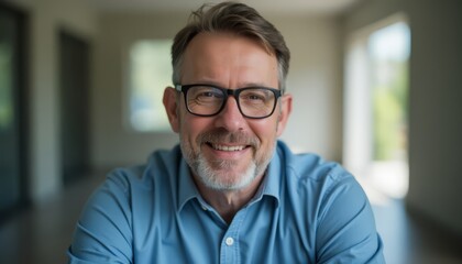 Obraz premium Smiling middle-aged man in casual attire, natural light, soft background.