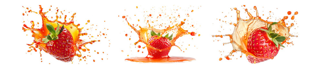 Pack of strawberry with a juice splash, set against a transparent background