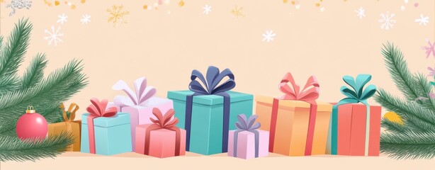 A festive arrangement of colorful gift boxes adorned with bows, perfect for celebrating the holiday season and gift-giving occasions