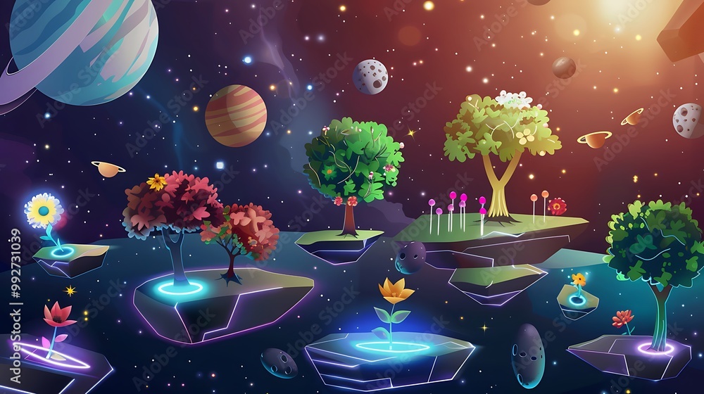 Poster trees and flowers growing on floating islands in a space environment.
