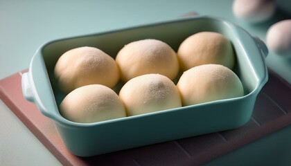 White dough balls in a blue baking pan