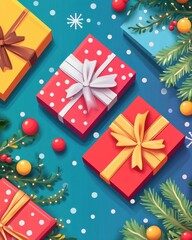 Colorful gifts decorated with bows and surrounded by festive elements, perfect for holiday celebrations and cheerful events