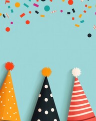 Obraz premium Colorful party hats with confetti on a blue background, perfect for celebrations and festive occasions