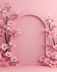 Fototapeta premium Elegant floral frame featuring pink blossoms, perfect for invitations, announcements, or social media visuals