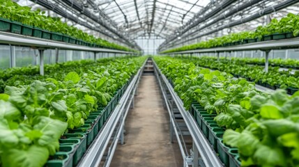 Cutting-edge hydroponic vertical farm inside a large greenhouse, rows of plants growing on high-tech shelves.
