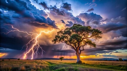 Dramatic Lightning Striking a Tall Tree in a Stormy Sky Capturing Nature's Raw Power and Beauty