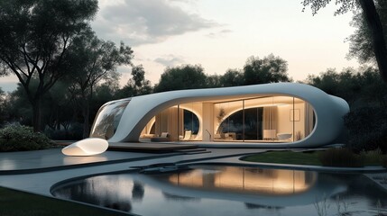 Obraz premium A minimalist white cube-shaped house nestled in a dramatic mountain landscape. 