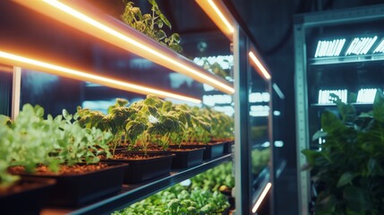 High-tech vertical hydroponic farming setup, with shelves of growing plants inside a futuristic greenhouse