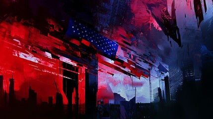 Surreal dark composition, fragmented American flag floating over a darkened cityscape