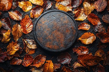 A warm-toned pedestal surrounded by autumn leaves, perfect for Thanksgiving and Halloween product presentations or seasonal branding mockups.