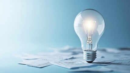 A lightbulb sitting on scattered plans, showcasing creation, invention, and the study of patent failure